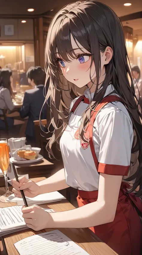 One Girl、 serious look、Deep Eyes、Long Hair、 Dramatic writing 、 Graceful Posture、Small breasts、 Holding order notes in hand 、  
break、  
Twilight、（ in a restaurant uniform :1.3）、 Atmosphere that makes you feel the joy of eating、Dishes on the table、 Artistic...