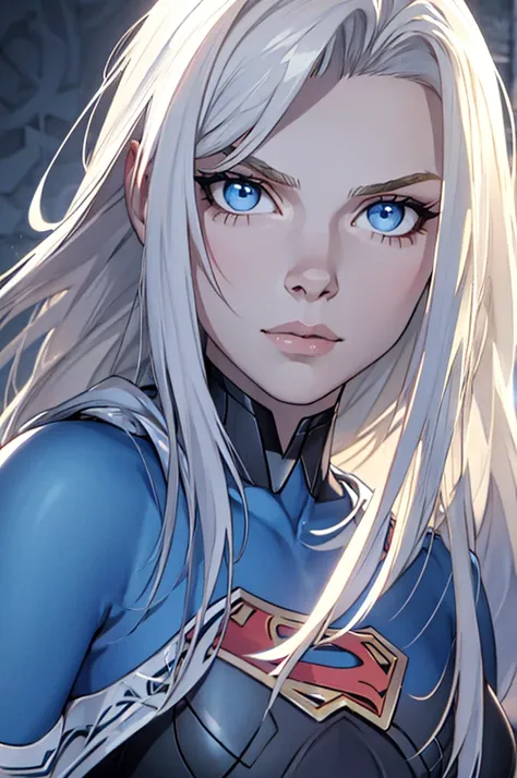 DucHaitenJourneyblonde straight hair, blue eyes, gray wall background, Blue Eyes. perfect white skin. snub nose, supergirl portrait