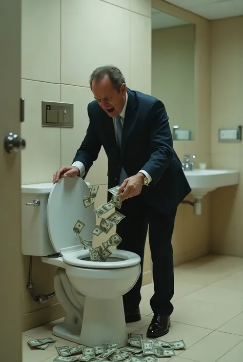 A businessman throwing money into the toilet