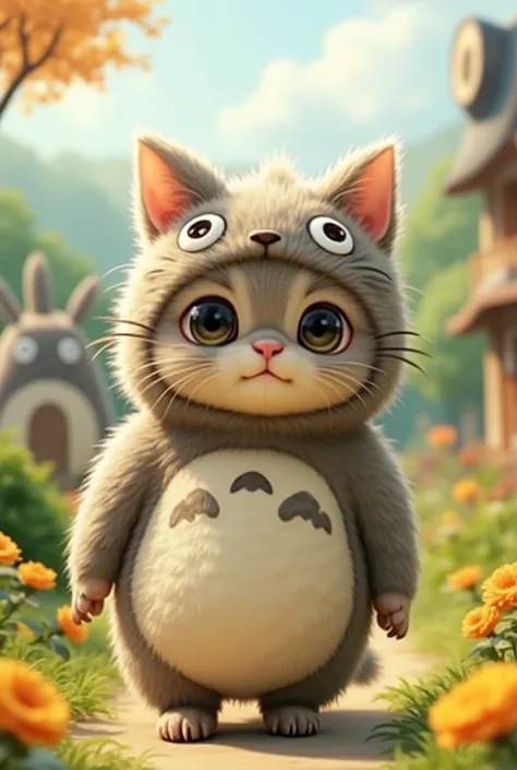 kitten　cute　Realistic cat 　Is wearing a Totoro cat bus costume　The background is Ghibli World 　 standing　 is cute