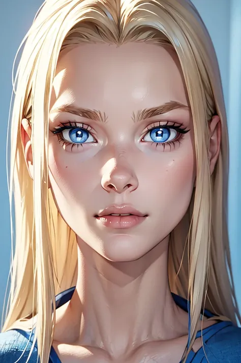 blonde straight hair, blue eyes, gray wall background, blue eyes. perfect white skin. snub nose, supergirl portrait