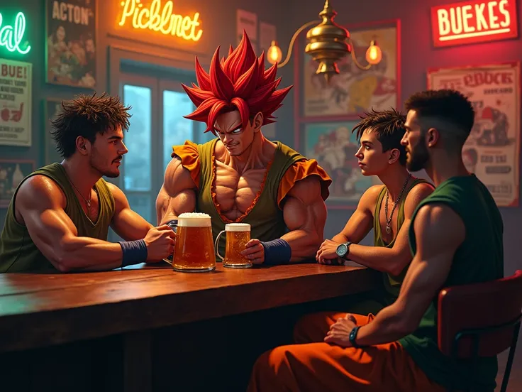 GOKU FROM GRAGON BALL IN RED-HAIRED SUPER SAYAYIN ,  SITTING IN A BAR HAVING A BEER WITH HIS PLAYING FRIENDS 