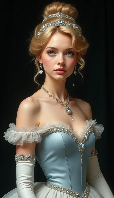 Portrait of Cinderella, beautiful woman, an hourglass figure, and a softly shaped, kind face. Her skin is fair and flawless, and she has pink lips and blue eyes. Cinderellas hair is strawberry-blonde. Her hair is pulled up into a variation of a French twis...