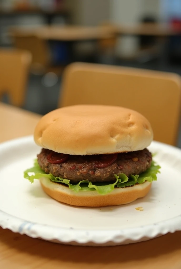 plain mud burger on a plain bun on a paper plate on the school cafeteria