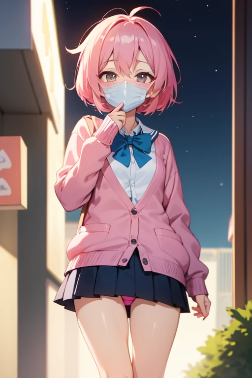 cute Anime girl,school uniform,(pink cardigan cascades over her shoulders:1.1) , white shirt, cozy and casual with pastel colors, pleated skirt,( knee-high socks:1.1),standing, pink panties ,mouth mask,heart shaped eyes,street,night,short hair,dramatic ang...