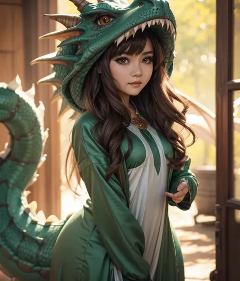 a woman dressed as a dragon standing in front of the camera, shy pose looking at the viewer, dragon costume with many details, w...