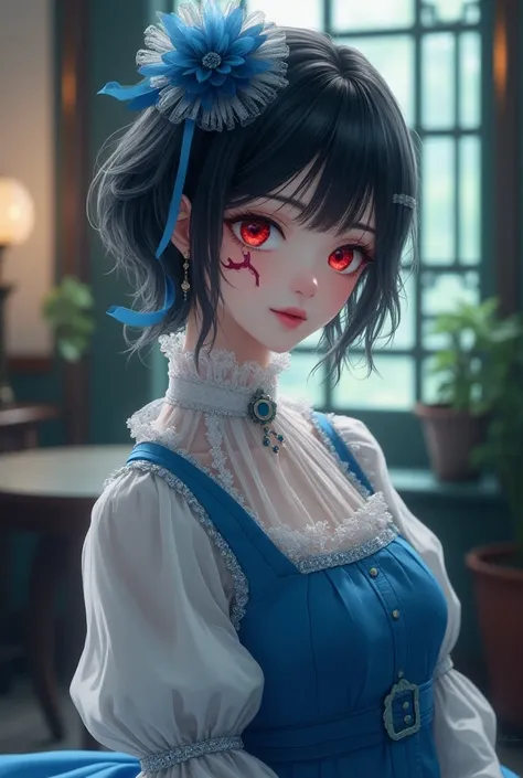 A beautiful girl with super short hair and a huge scar on her blue-white eyes with red eyes, Victorian era dress in blue with white details on the left eye that highlights a large scar in the background a tea room from the ancient noble era anime style 