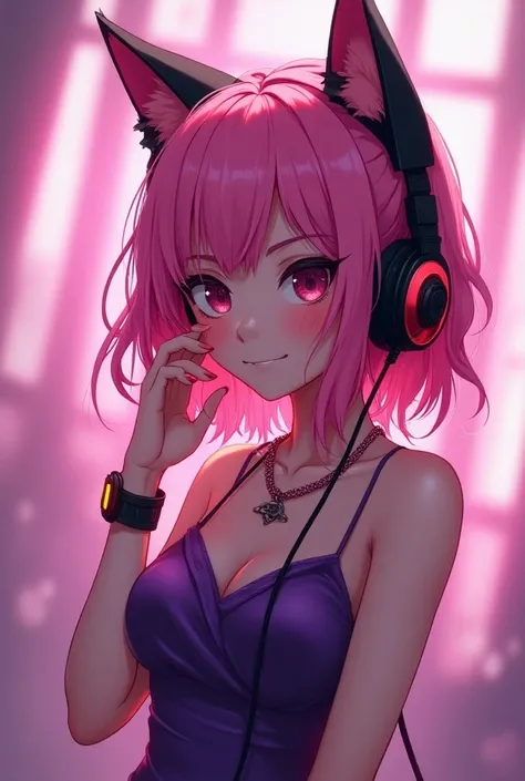  arafa with pink hair and headphones wearing a purple dress, cyberpunk art inspired by Mike "Bip" Winkelmann, tendência no CGSociety, hairy art, girl with cat ears, beautiful young catgirl, attractive hot girl, anime girl with cat ears,  wearing cat ear he...