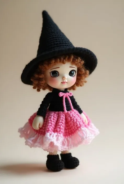  Little witch crochet short brown hair ,  black dress with a pink and a white overskirt, with a little pink ribbon around her neck , and a black hat.