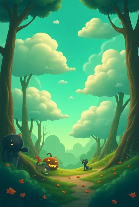  I want round and fluffy clouds .  make a creative color that reminds me of something mystical, Mysterious, halloween. The cartoon must be 2D and childish ,  animation illustration style , tons verdes 