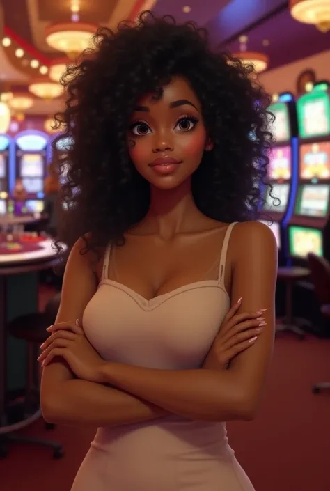  African-American girl about 30 years old ,  8-inch long curly hair ,  curly short hair on the top , Short curly black hair, Short curly hair, curly bangs, very short curly hair, messy curls ,  curly black hair Natural black hair ,  at a casino in Las Vega...