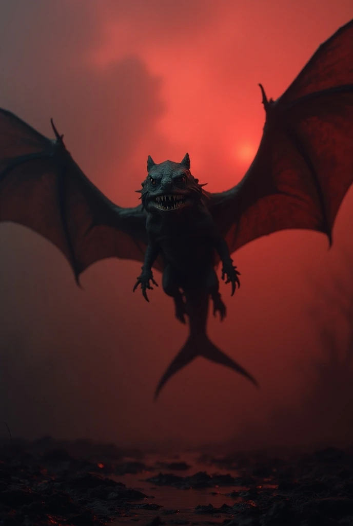 "In the blood-red light of a cursed twilight, a nightmarish hybrid of shark and bat glides through the foggy sky, its sleek, finned body twisting in the air with unnatural grace. Its wings are large and leathery, beating silently as it hunts beneath the co...