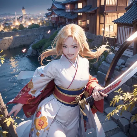 (8k, Best Quality, Anime Style,  WATCH VIEWERS , Bright atmosphere, smile, One teenage girl , I have a sword on my side, Japanese sword,  complicated details:1.3),( Tsunade from naruto, Big Breasts, I can see the valley, Nice body), (white without dirt, Pe...