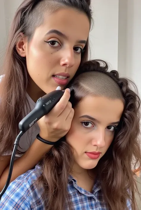 2 women, (((the first woman her head is cleanly shaved bald, the skin on her head is pale))). She is intensely looking at the second womans head while using the hair clippers shes holding which are "currently shaving the second womans head"; ((hair is bein...