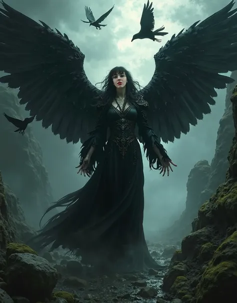 a beautiful detailed morrigan goddess, rising from the underworld, with large intricate wings, and ravens, 1 woman, detailed portrait, high fantasy, dark fantasy, dramatic lighting, moody atmosphere, rich textures, cinematic composition, dramatic pose, int...