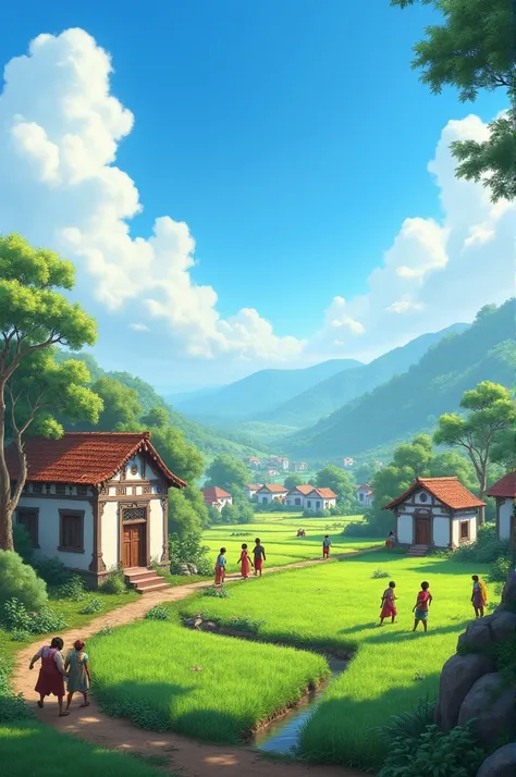 .Prompt: "A small, picturesque Indian village with lush green fields and traditional houses, during the daytime. Farmers are working in the fields under a clear blue sky."
