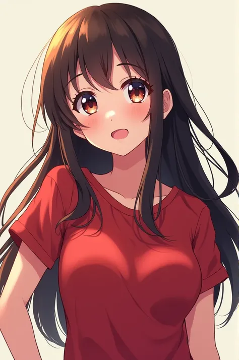 Anime style girl , with long dark brown hair and casual red clothes