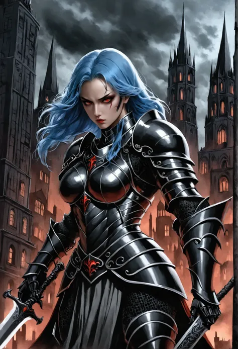 woman knight, blue hair curled in braid, red eyes, black knight armor, big sword, muscular, scar on the face, dark city, Evil city, Demonic darkness.