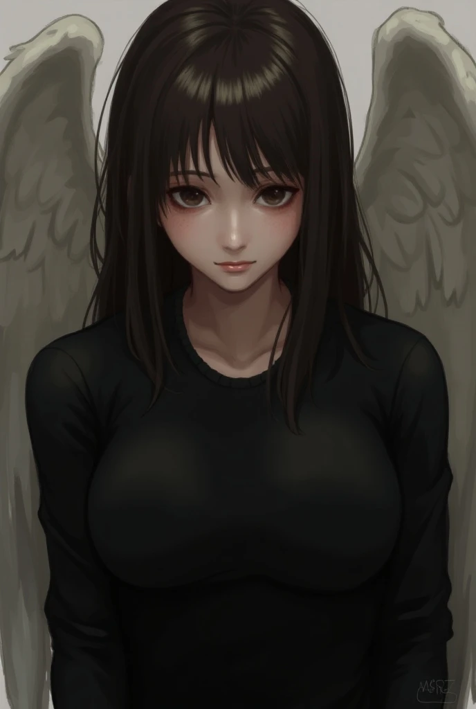  Create an image of a character  ( girl ) with a mocking smile and with her eyes closed . Angel appearance  . Brown with dark brown eyes . black clothes. tired eyes.Sturdy body ( mesomorfo). Teenager of 15