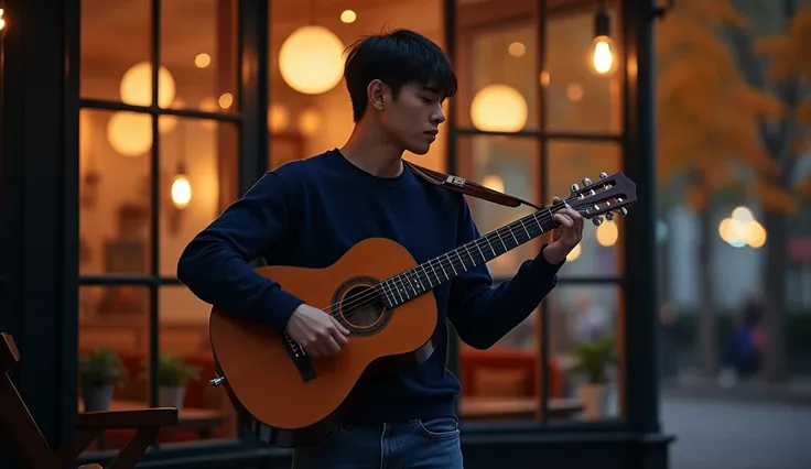  He plays a beautiful guitar song with his back to the cafe window and a man and a classical guitar on his shoulder,The man wears a navy blue sweater and jeans; a black short haired , autumn night cafe in front of a glass window , standing in front of a gl...