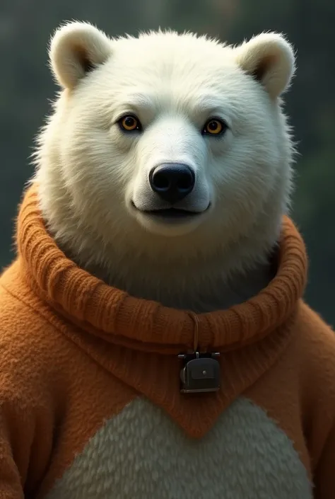  fat polar bear , (((Grolar ))),  two colors half white and half brown, ursina, furry, (((focus on the face))), creamy skin, eyes, long,  fat neck ,  wearing a high-neck sweater , (big eyes, orange eyes)