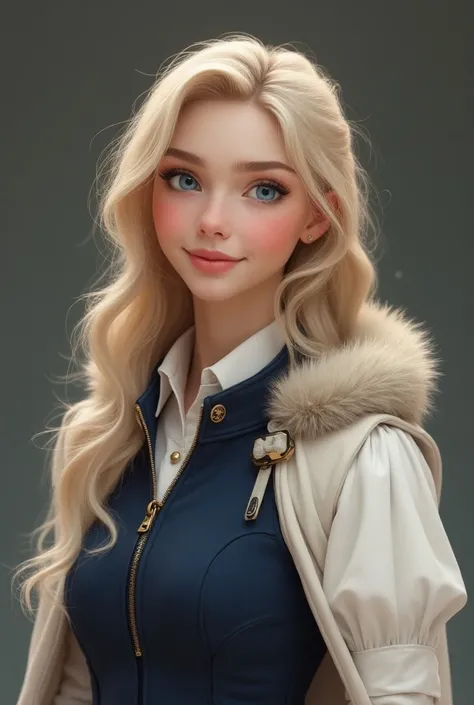 A girl with bright blue eyes , blonde and long hair, beautiful,  friendly smile , kind, happy;  she wears a navy blue vest over a white puff-sleeved shirt,  and over her shoulders a thick, white cape with fur around her collar . 