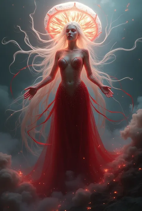 Jellyfish Queen in red from a sky-split battle, Minimum clothing 