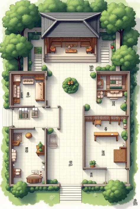 Create a layout plan of a 2D Chinese house without a roof, name each area
