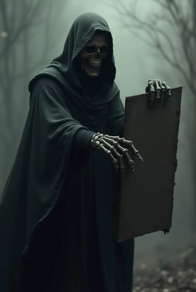 A hooded skull, taking a pose and holding a sign.
