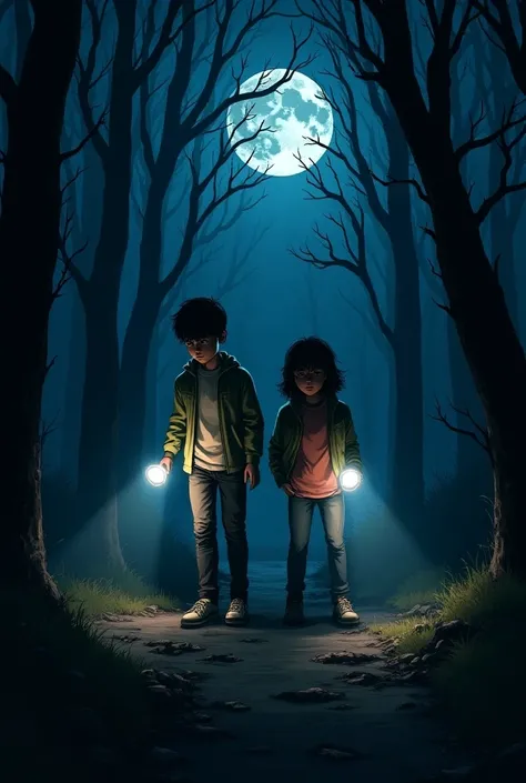 2 people (2 teenagers)  with flashlights looking for a person,in a ghastly forest at night 