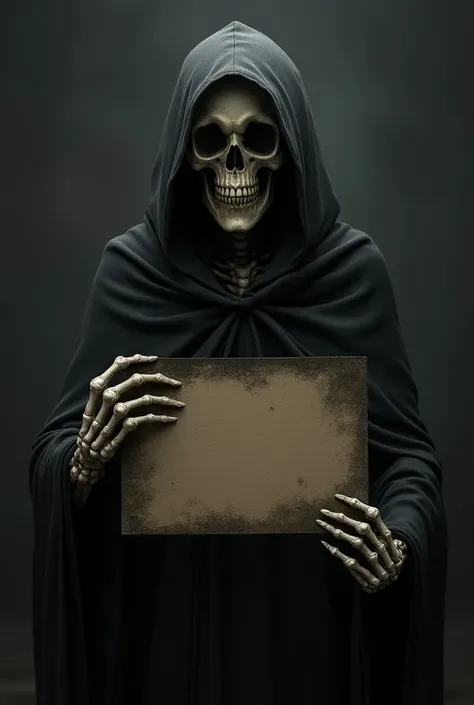 The design of a hooded skull, taking a pose and holding a sign.
