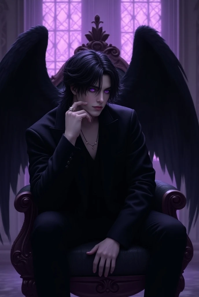 one male dark angel, extremely handsome, black hair, violet eyes, black wings, serene expression, wistful, gazing off into distance, melancholy, sitting on a throne, head resting on hand, aesthetic, mysterious, elegant, majestic, black and purple, the back...