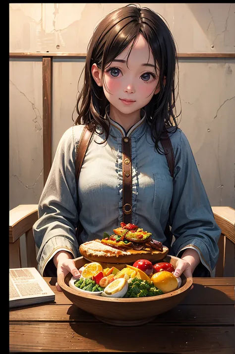 ((8k, Best Quality, masterpiece: 1.2)(Realistic, photo Realistic: 1.37)) there is a feast on the table、Girl watching a feast 、Sparkling、one&#39;s home、 casual clothes