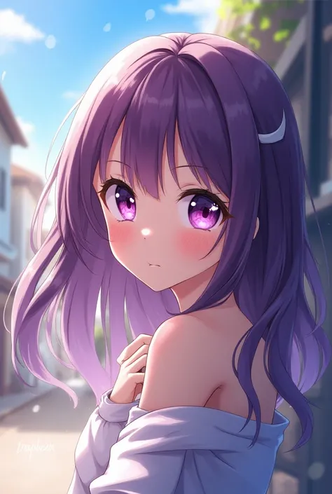 Anime girl with bright purple eyes on the side of a happy  
