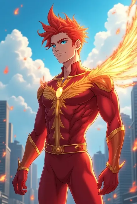 Create a white male character ,  in the style of Miraculous that is transformed into the Miraculous of Phoenix 