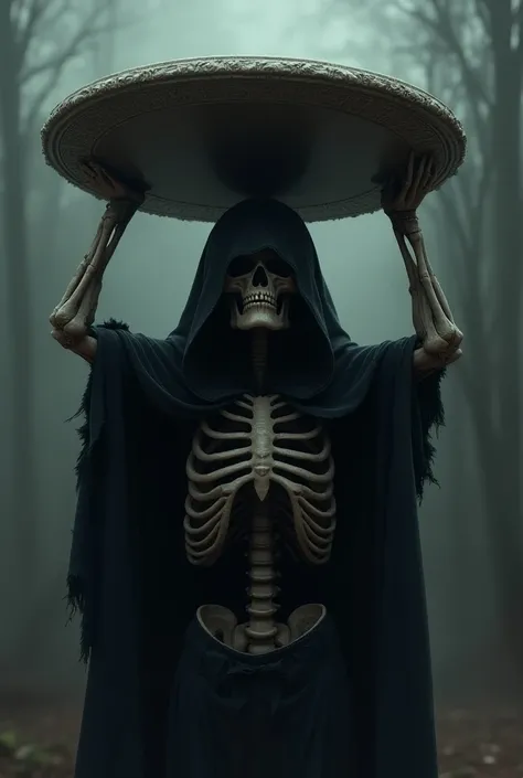 The design of a hooded skull, taking a pose and lifting a large plate.
