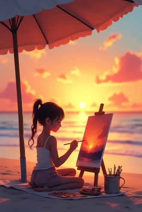  Girl watching the sunset while painting what she sees with watercolors, on a towel and with an umbrella  