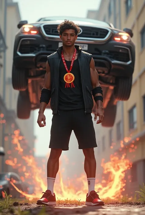 Handsome young man with light brown white skin with a medal with crimson magic wearing a black jacket over his sleeveless shirt with shorts fitted around his legs and sports shoes and socks flying lifting a car surrounded by energy with his telekinesis 