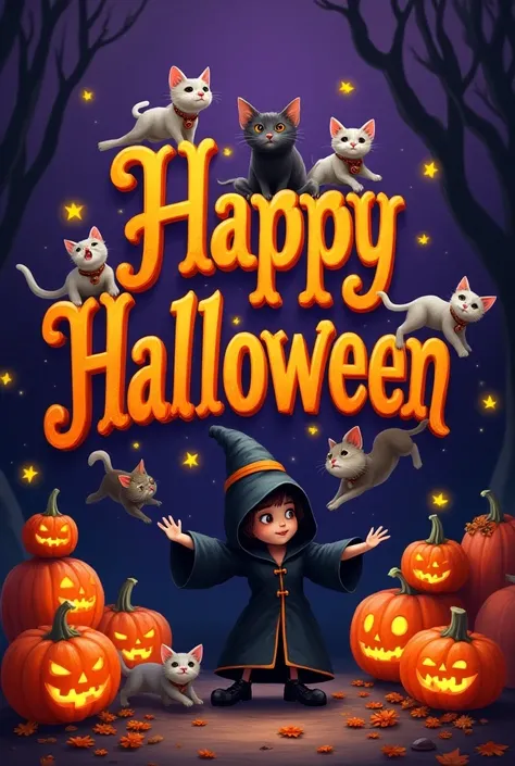 letters that say "happy Halloween" with purple background, with cats ,  witch and pumpkins 