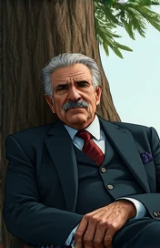 Create an elderly ,  black hair on the side ,  square black mustache , with suit,  sitting and leaning under a tree trunk,  showing the entire body in the form of an illustration  