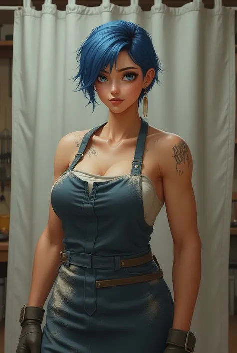  Create a full female character , curtain , high,  with muscular arms and short hair ,Blue frizzy ,  with simple clothes and a floury apron 