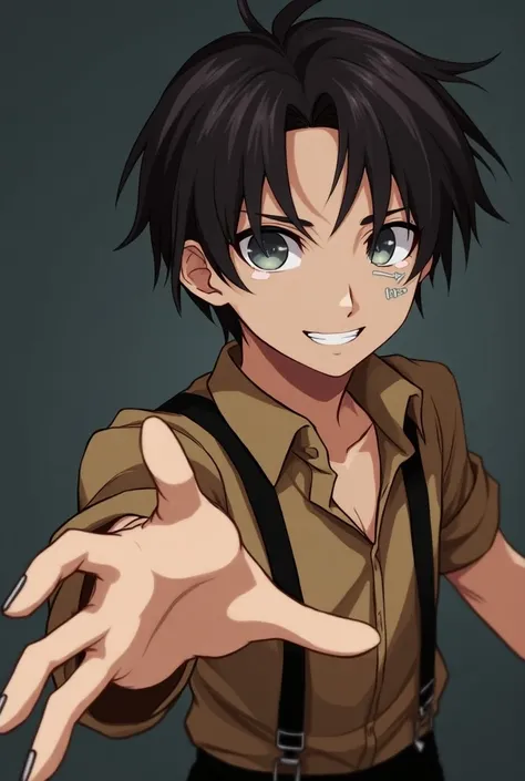 Of an 18-year-old male character in the middle school 
Big haired manga style reaching over dark brown shoulder 

 light brown lower left eye sign white dress with black suspenders posing 