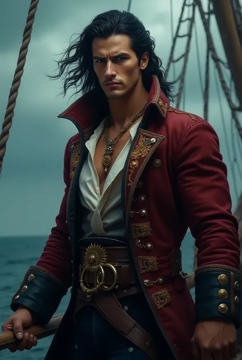 Pirate Captain on a Mystic Sea: Aboard a grand, enchanted ship sailing under a stormy sky, a tall, lean young man with a powerful, muscular build stands confidently at the helm. His face is rugged and intense, with high cheekbones, a defined jawline, and p...