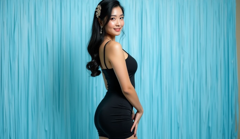  21st birthday photoshoot of an Asian girl in a tight black dress, bright high heels and a light blue pastel in a photo studio Fringe , big breasts, blush, make-up,  Light smile, from one side,  Hair ornament , jewelry, 