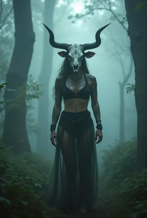 “IMG_2384.CR2: A woman with an athletic body and a cow skull for a head, adorned with large, twisted horns, standing in a foggy forest, captured with a Canon EOS R5 and a Zeiss Master Prime 50mm lens. Her skin is covered in rune-like tattoos, and the horns...