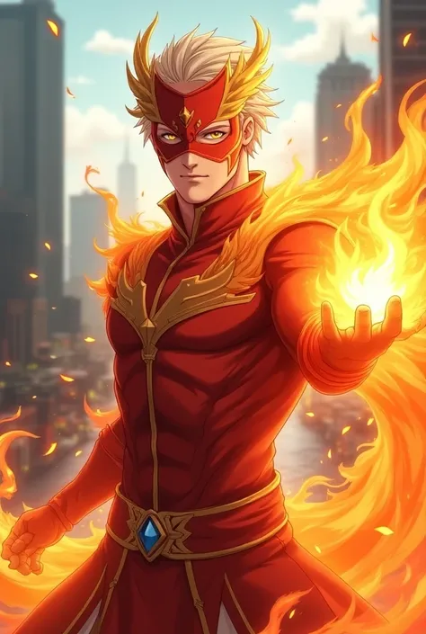 Create a white male character , In the style of Miraculous who is transformed into the Miraculous of Phoenix with a mask