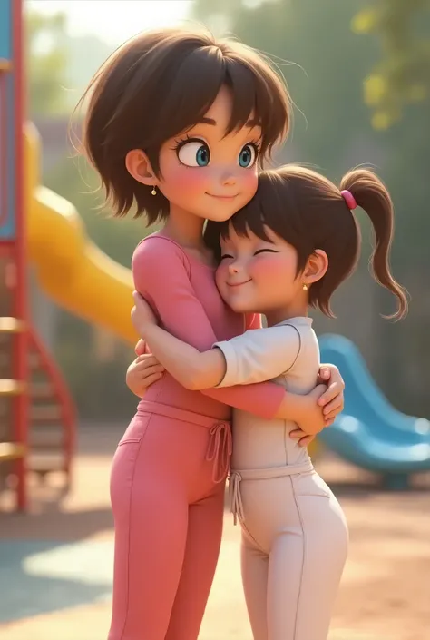 White girl , 10y, 1:4, standing, side view, pink jumpsuit,  tight jumpsuit, jumpsuit leggings, waist cord, short pixie hair, brown hair, small earrings, blue eyes, smile, hugged by a smaller girl wearing white jumpsuit and ponytail hair, hug body close to ...