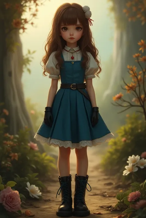 Brown-haired teenage girl wearing a small blue dress with black gloves, a belt and black boots 