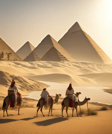 cinematic film still of photorealism:1. long time ago in ancient egypt, a landscape at dawn featuring majestic pyramids in the b...