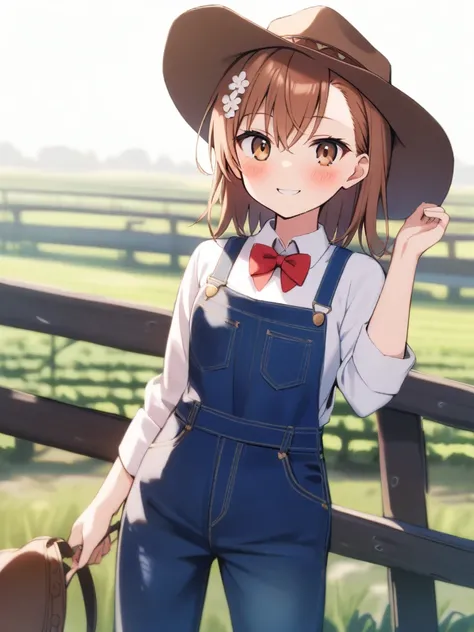 {1girl, solo}, misaka_mikoto, denim overalls, long jeans, cowboy hat, white collared shirt, flat_chest,  red_bowtie, blush, big smile, farm